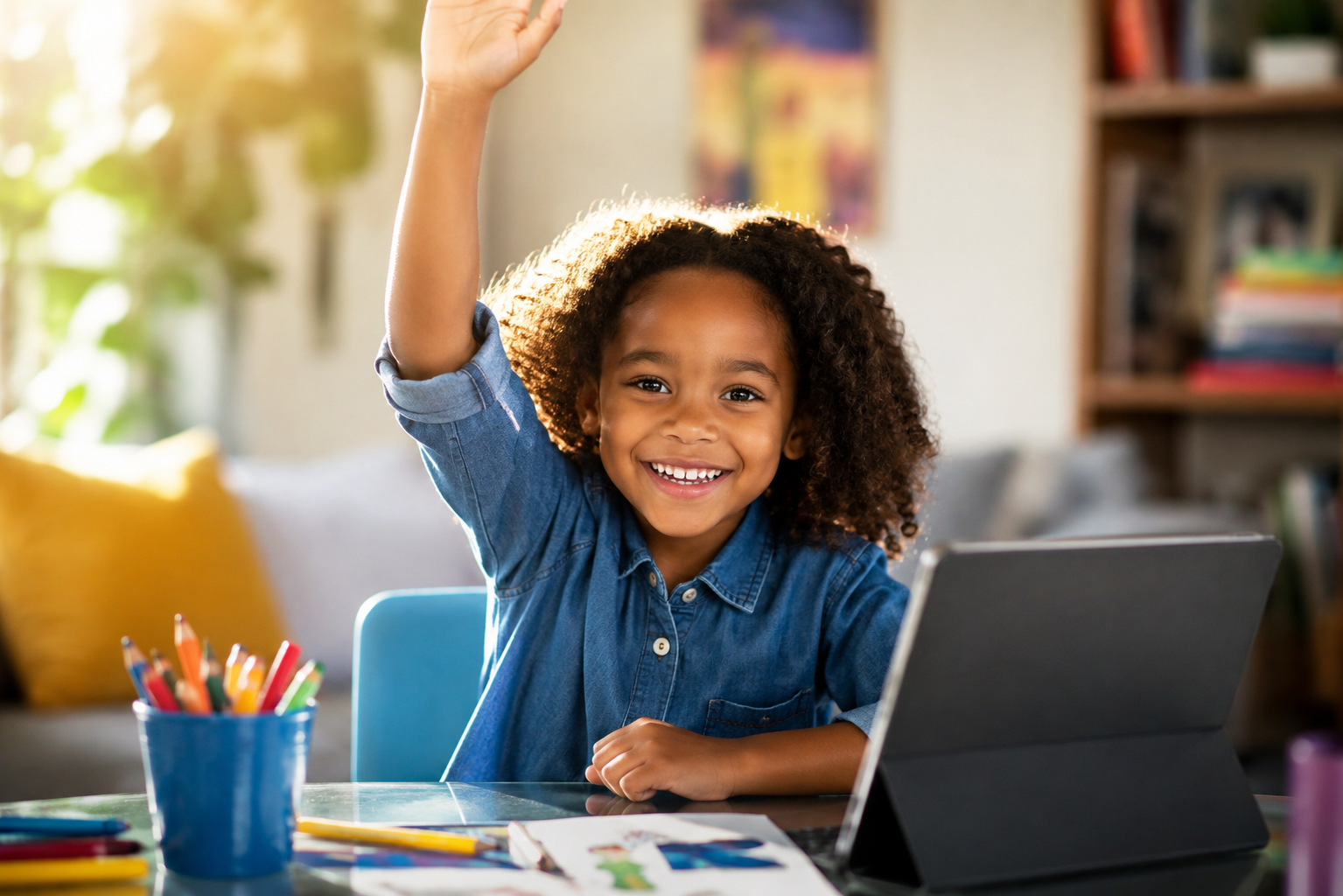 An elementary student raising her hand