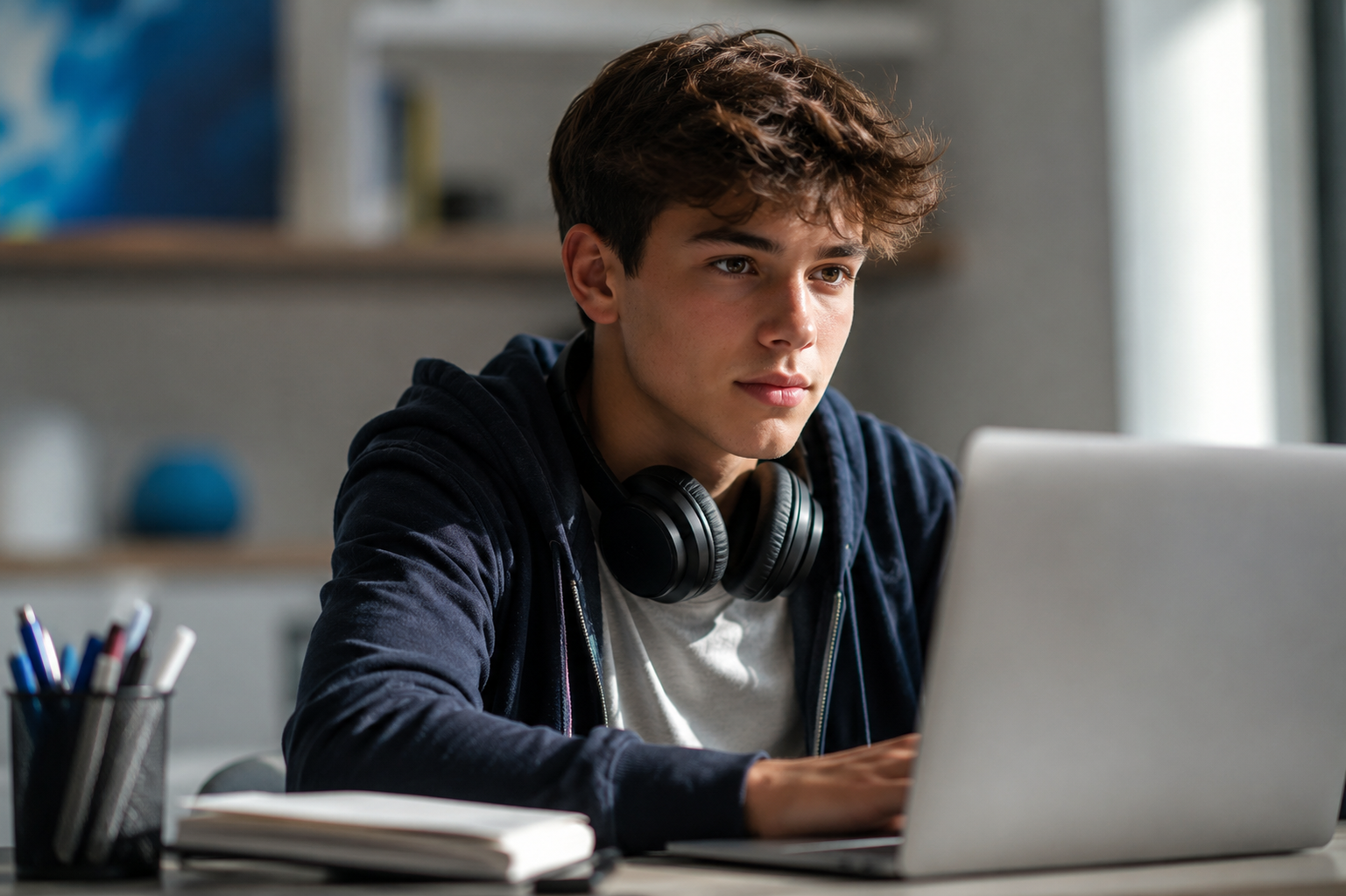 A high-school student studying
