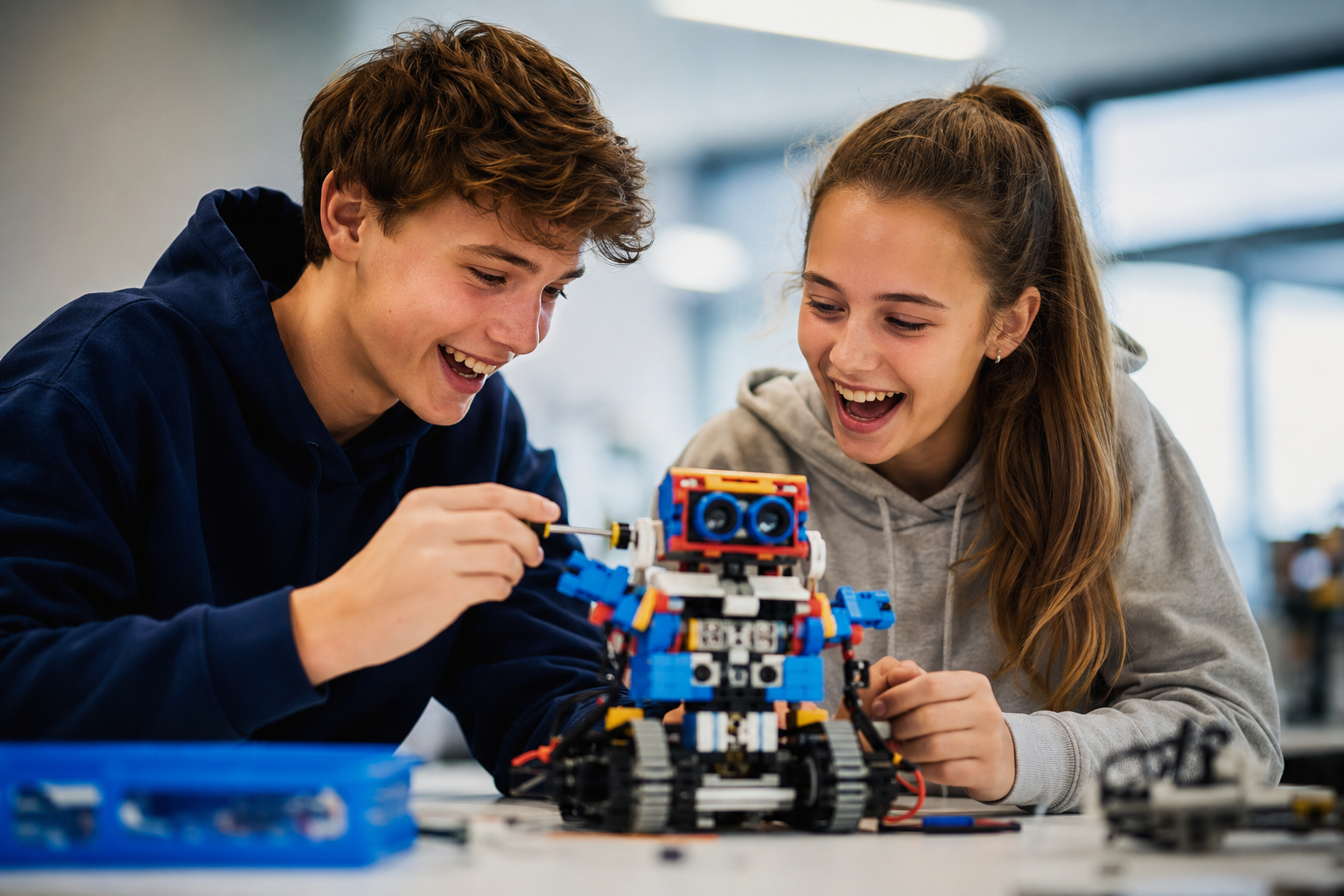 Students building a robot